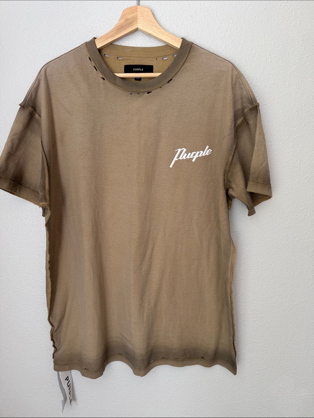 Purple Men's Distressed Crew Neck T-Shirt in Olive
